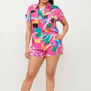 NEW! Satin dolman print button down top and shorts set